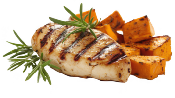 Grilled chicken breast with roasted sweet potatoes and rosemary on transparent background png