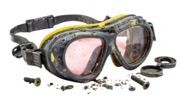 Broken goggles covered in mud on transparent background png