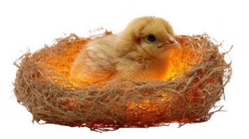 Baby chick resting in nest illuminated by heat lamp with transparent background png