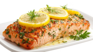 Grilled salmon fillet with lemon and herbs on transparent background png