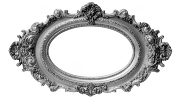 Oval silver ornate frame with transparent background isolating the empty space png