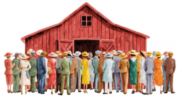 Crowd gathering outside red barn in summer hats waiting for event to start png