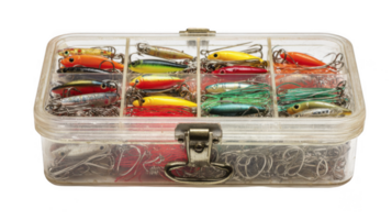 Classic tackle box packed with various fishing lures and hooks on transparent background png