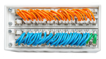 Network switch connecting multiple rooms with cables on transparent background png
