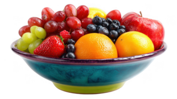 Colorful ceramic bowl overflowing with fresh ripe fruit on transparent background png