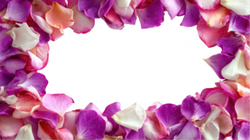 Frame of colorful rose petals creating a border on transparent background png
