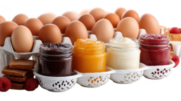 Eggs, toast, raspberry and sweet spreads creating a delicious breakfast on transparent background png