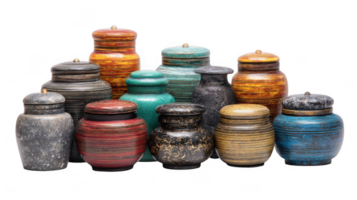 Colorful decorative jars with lids forming a stack on transparent background png
