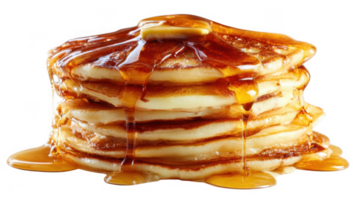 Stack of fluffy pancakes dripping with syrup and butter on transparent background png