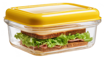 Ham and lettuce sandwich in a plastic lunch container with yellow lid on transparent background png