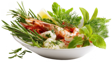 Fresh prawns with herbs and lemon slice in a bowl on transparent background png