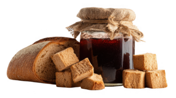 Rustic jam jar with sourdough and bread cubes on transparent background png