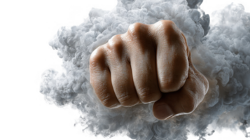 Powerful fist emerging from swirling smoke clouds on transparent background png