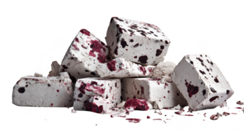 Pile of rubble like confection with red splashes on transparent background png
