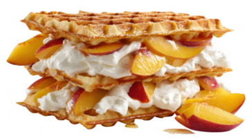 Delicious sourdough waffles layered with peach slices and whipped cream on transparent background png
