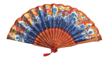 Bright fabric fan displaying traditional patterns on transparent background png