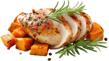 Sliced roasted chicken breast with pumpkin and rosemary on transparent background png