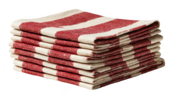 Stack of folded red and cream striped linen napkins on transparent background png