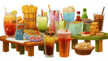 Forest of drinks and snacks overflowing two rustic tables on transparent background png