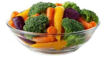 Glass bowl overflowing with fresh colorful vegetables on transparent background png
