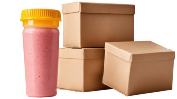 Pink smoothie bottle near stacked boxes on transparent background png