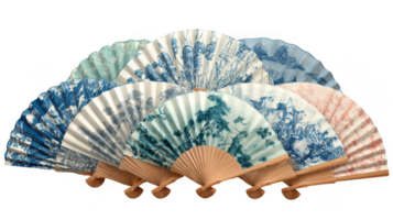 Decorative hand fans showcasing serene toile de jouy patterns on transparent background png