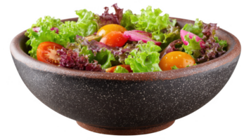 Rustic bowl overflowing with fresh, vibrant salad on transparent background png