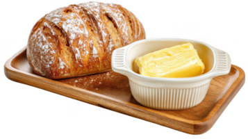 Crusty loaf of bread and butter dish on wooden tray with transparent background png