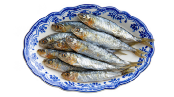 Crispy sardines arranged on elegant blue and white dish, transparent background png