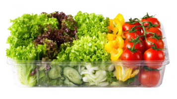 Fresh salad ingredients packed in a transparent plastic container with a transparent background png