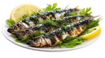 Grilled sardines garnished with lemon and dill on transparent background png