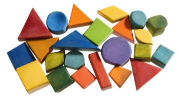 Colorful wooden shapes arranged on transparent background creating playful composition png