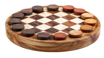 Wooden checkers board with alternating color pieces on transparent background png
