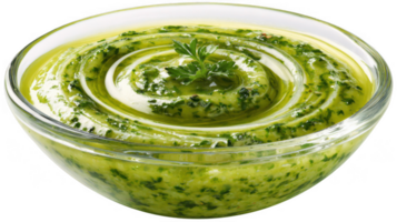 Pesto sauce swirling in a bowl with fresh herbs and transparent background png