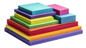 Stack of vibrant cardstock paper creating a colorful pyramid on transparent background png