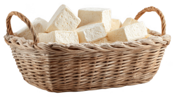Wicker basket overflowing with delicious, creamy white cheese cubes on transparent background png