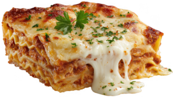 Delicious slice of lasagna revealing gooey cheese and meat on transparent background png