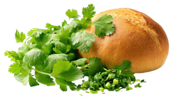 Round loaf resting next to chopped fresh cilantro on transparent background png