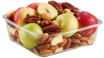 Plastic container brimming with fresh apples and assorted nuts on transparent background png