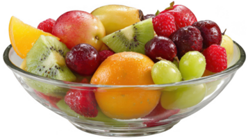 Glass bowl overflowing with fresh, vibrant mixed fruit on transparent background png