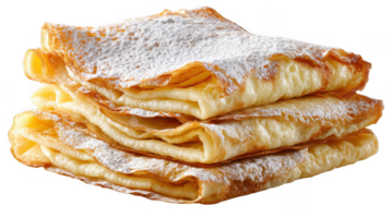 Stack of delicious soft crepes with powdered sugar on transparent background png