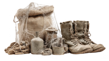 Abandoned survival gear covered in cobwebs on transparent background png