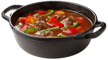 Hearty beef stew simmering in cast iron pot with transparent background png