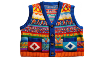 Brightly colored knitted vest with playful patterns on transparent background png
