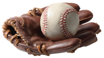 Baseball gently resting in a worn leather glove on transparent background png
