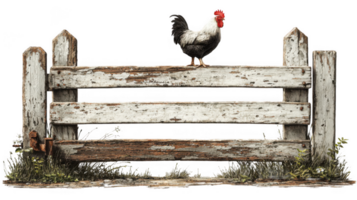 Rooster standing on weathered wooden fence with transparent background png
