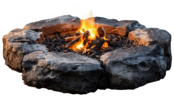 Burning firewood in a stone fire pit with transparent background png