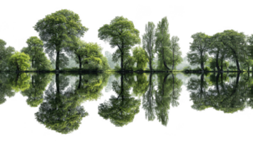 Lush green trees reflecting in a glassy lake with transparent background png