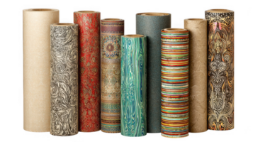 Rolls of wallpaper showing various colors and patterns on transparent background png