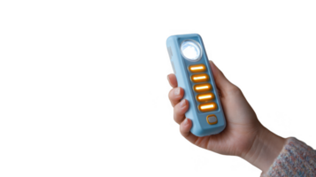 Hand holding a blue led flashlight with transparent background png